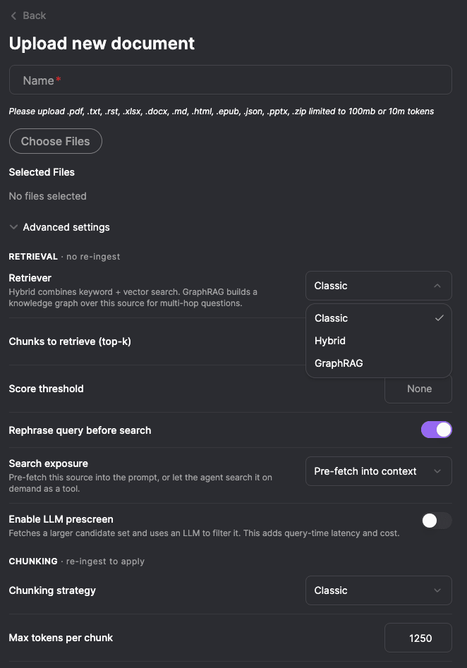 Upload dialog advanced settings showing the Retriever dropdown with Classic, Hybrid, and GraphRAG options