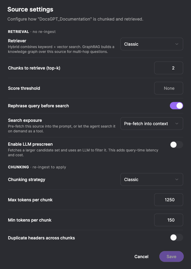 Source settings panel showing Retrieval options (retriever, top-k, score threshold, rephrase, exposure, prescreen) and Chunking options (strategy, max/min tokens, duplicate headers)